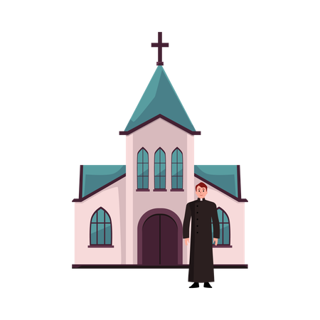 Christian Catholic church building and priest  Illustration