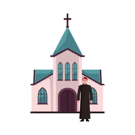 Christian Catholic church building and priest  Illustration