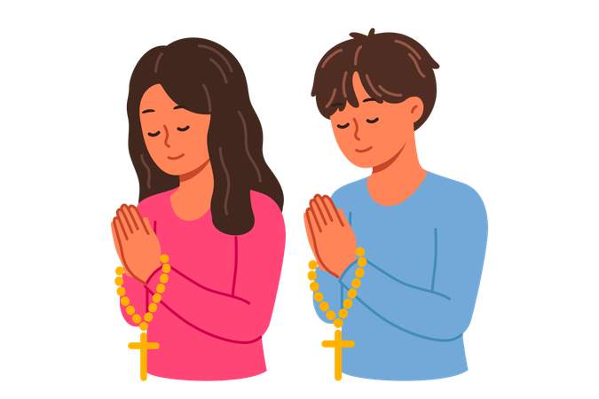 Christian children pray holding rosary with religious crosses  Illustration