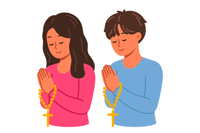 Christian children pray holding rosary with religious crosses  Illustration