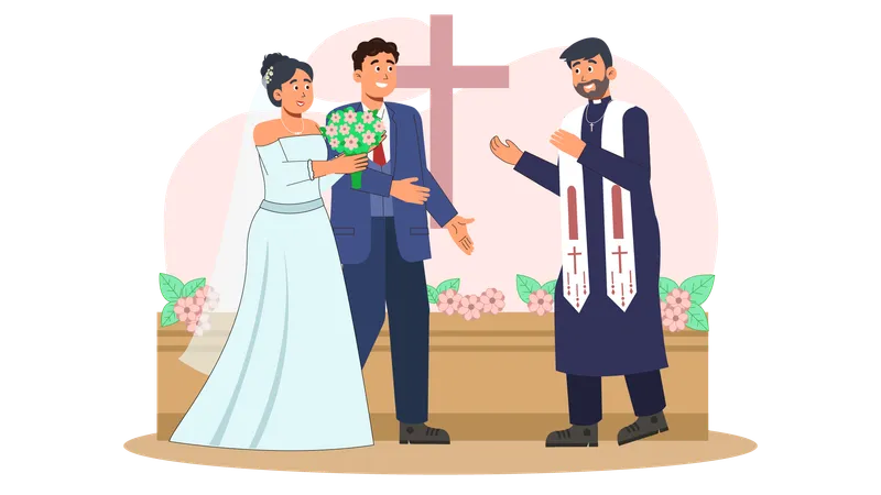 結婚式のために教会に来たキリスト教徒のカップル  イラスト