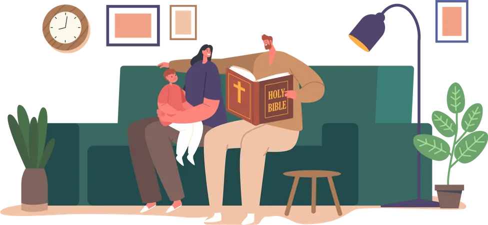 Christian Family Characters Gathered Around Engrossed In Reading The Bible Their Faces Radiate Devotion And Unity Creating A Serene And Spiritual Atmosphere Cartoon People Vector Illustration Illustration