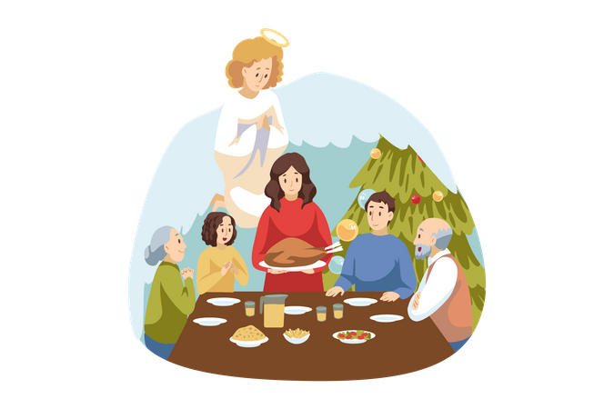 Christian family doing prayer before taking dinner  Illustration