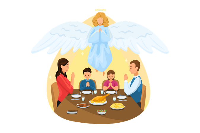 Christian Family Prays Together At Meal  Illustration