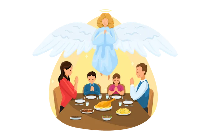 Christian Family Prays Together At Meal  イラスト