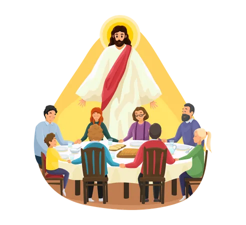 Christian Family Prays Together At Meal  Illustration