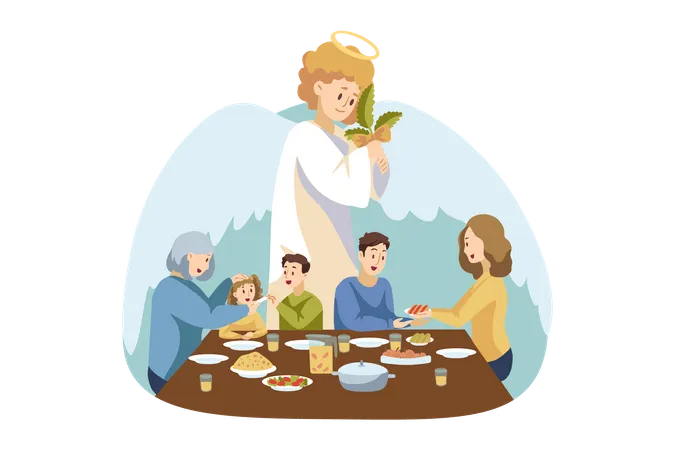 Christian Family Prays Together At Meal  Illustration