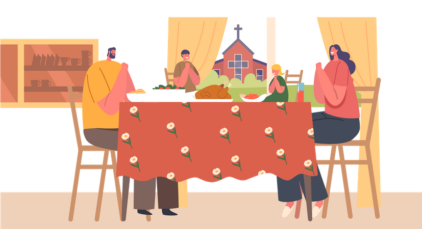 Christian Family Prays Together During Mealtime  Illustration