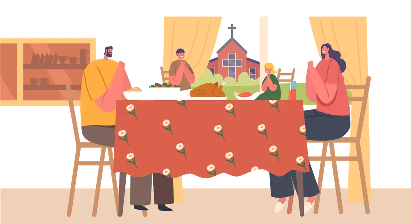 Christian Family Prays Together During Mealtime Expressing Faith Unity And Gratitude In Their Spiritual Tradition Mother Father And Kids Character Thanks God Cartoon People Vector Illustration Illustration
