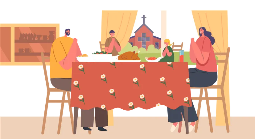 Christian Family Prays Together During Mealtime  Illustration