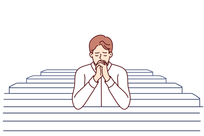Christian man sits and prays in catholic church  Illustration