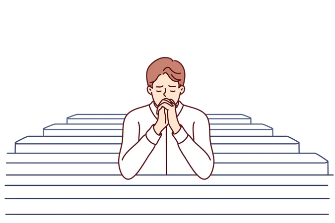 Christian Man Sits And Prays In Catholic Church Turning To God To Confess Or Ask For Help Believing Guy In Church And Prays To Feel Psychological Relief Or Observe Religious Ritual Illustration