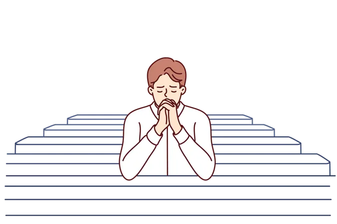 Christian man sits and prays in catholic church  Illustration