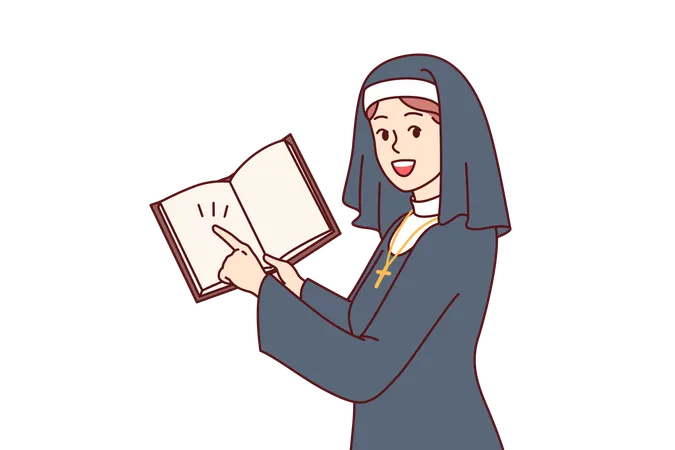 Woman Nun With Open Bible In Hands Points Finger At Predictions Dressed In Catholic Cassock Girl Nun Works In Church Or Cathedral Preaching Faith In Jesus And Talking About Importance Of Prayers Illustration