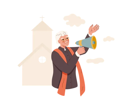 Christian priest stands near temple and shouts into megaphone urging him to attend sunday services  イラスト