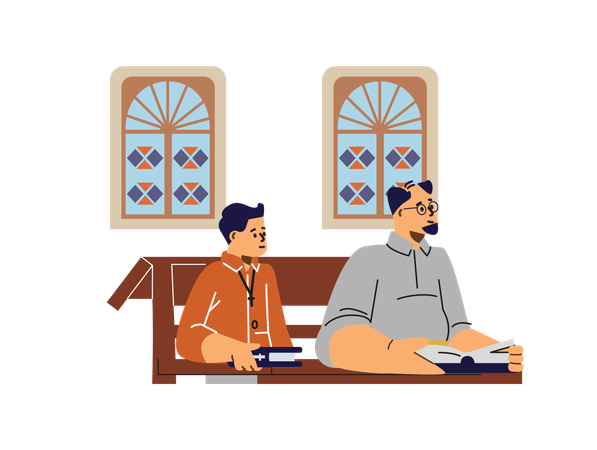 Christian religious father and son sitting on bench with bible book  Illustration