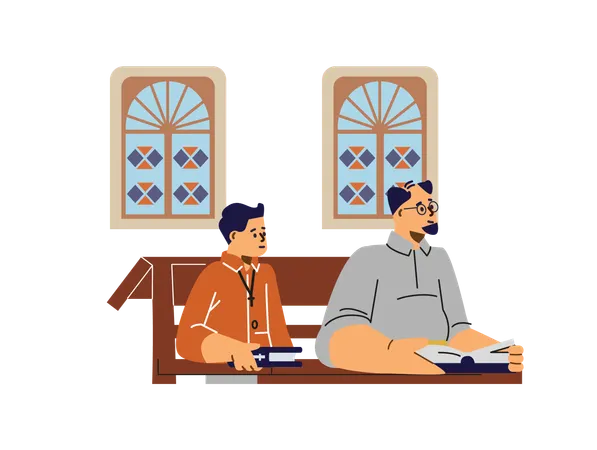 Christian religious father and son sitting on bench with bible book  Illustration