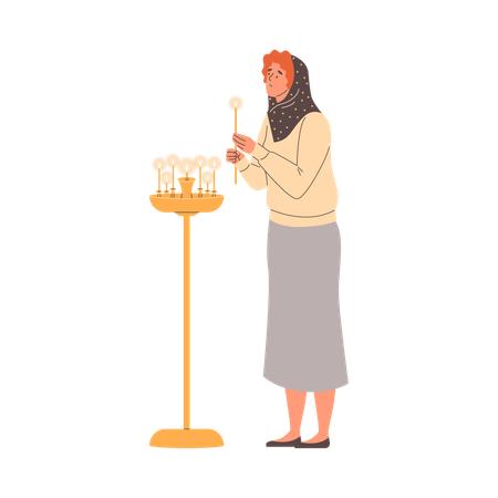 Christian Woman Lighting candle in Church  Illustration
