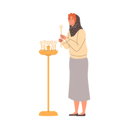 Christian Woman Lighting candle in Church  Illustration
