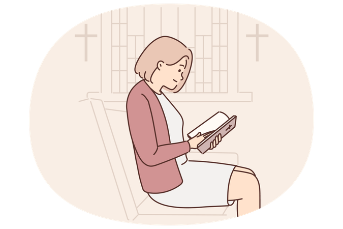 Christian woman reading bible sitting on pew in empty church wishing to receive absolution  Illustration