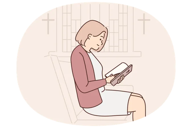 Christian woman reading bible sitting on pew in empty church wishing to receive absolution  Illustration