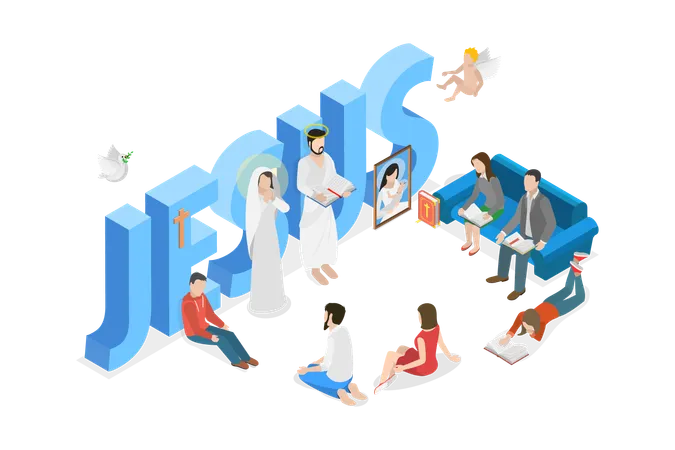 3 D Isometric Flat Vector Conceptual Illustration Of Christianity Set Of Religious People And Jesus Christ Illustration
