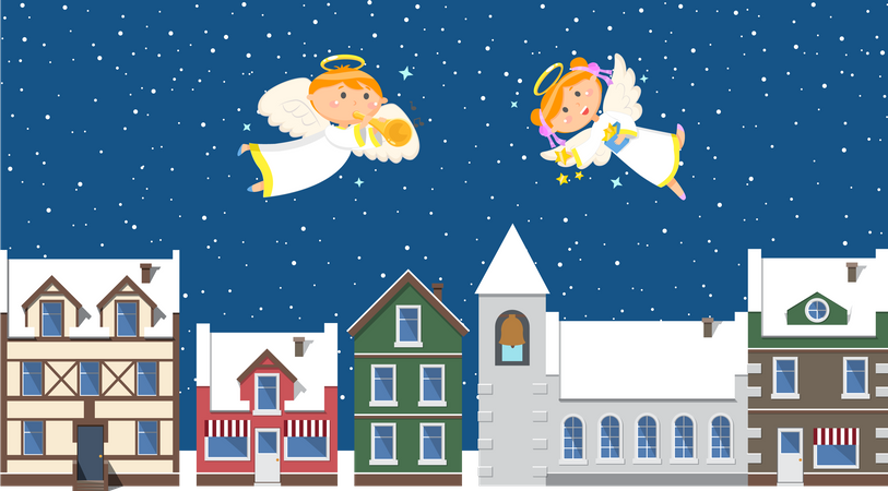 Christmas Angels above Town in Sky  Illustration