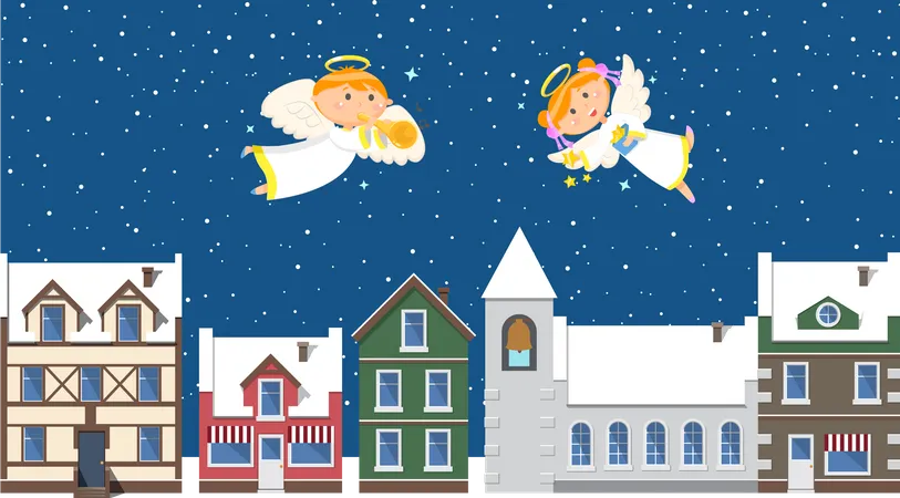 Winter Landscape Christmas Angels Above Town In Sky Houses And Snowy Roofs Boy And Girl With Wings And Halos Throwing Stars And Playing Trumpet Vector Illustration In Flat Cartoon Style Illustration