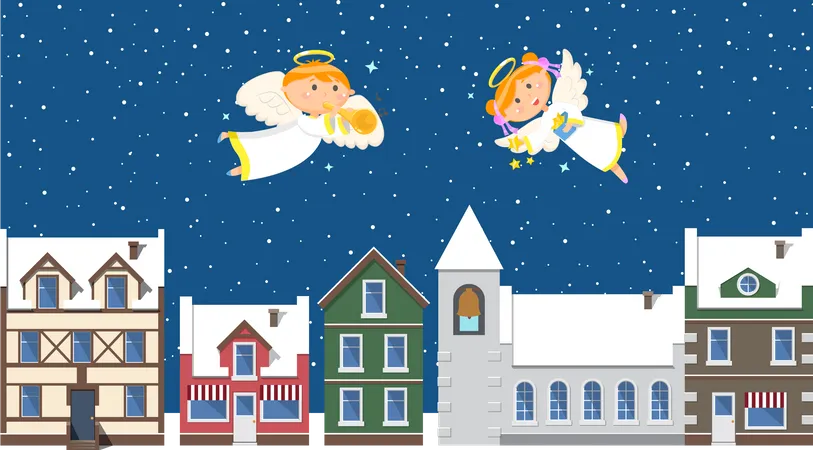 Christmas Angels above Town in Sky  Illustration