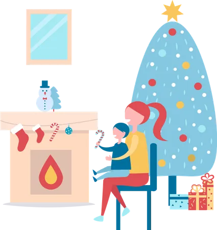 Christmas Atmosphere Poster Depicting Mother And Her Kid Looking At Fireplace Evergreen Tree With Presents Behind Them On Vector Illustration Illustration