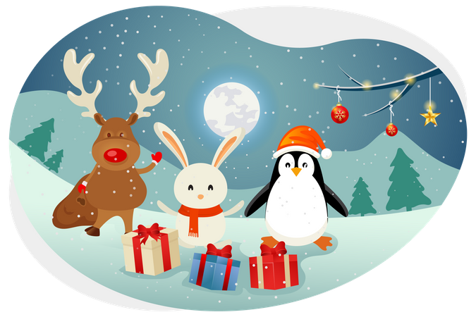 Christmas bunny with reindeer and penguin  Illustration