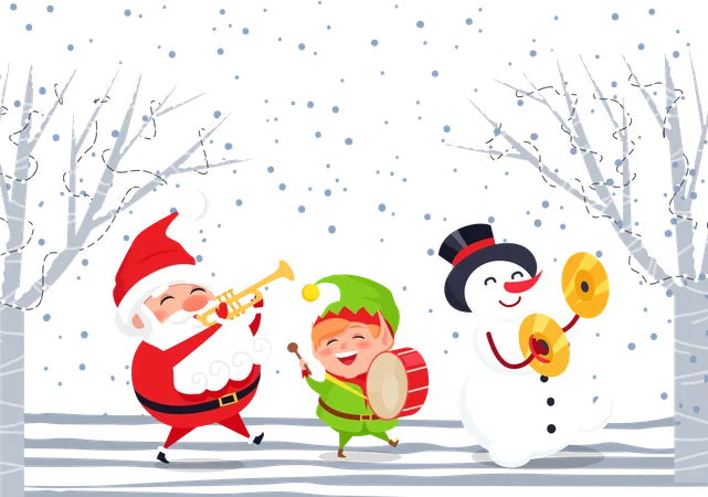 Xmas Characters With Musical Instruments Singing Songs Caroling Of Santa Claus Elf And Snowman Trumpet And Drums Accompaniment Winter Landscape And Snowy Weather Christmas Time Vector In Flat Illustration