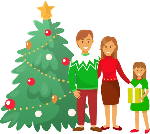 Christmas Celebration Winter Holiday People At Home Vector Pine Tree Plant With Baubles And Star Shining Garlands And Family Mother And Father Couple Illustration