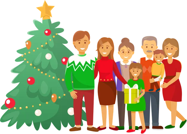 Christmas Celebration Xmas Winter Holiday At Home Vector Grandmother And Grandfather Children And Grandchildren Evergreen Tree Decorated With Toys Illustration