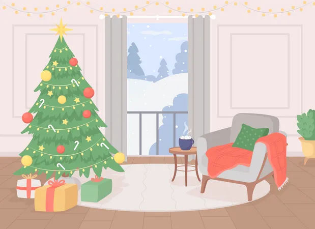 Christmas Cozy Aesthetic Flat Color Vector Illustration Holiday Time Drinking Hot Chocolate With Marshmallows Fully Editable 2 D Simple Cartoon Interior With Xmas Scenery In Window On Background Illustration