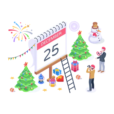 Calendar And Decoration Accessories Isometric Illustration Of Christmas Date Illustration