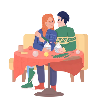 Christmas date with hot drinks for couple  Illustration