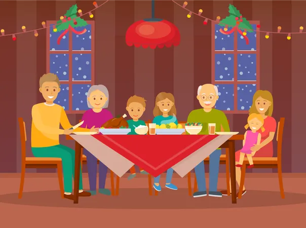 Christmas Dinner At Home Celebration Of People Vector Mother And Father Children And Grandchildren Decorated Interior With Garlands And Light Lamps Illustration