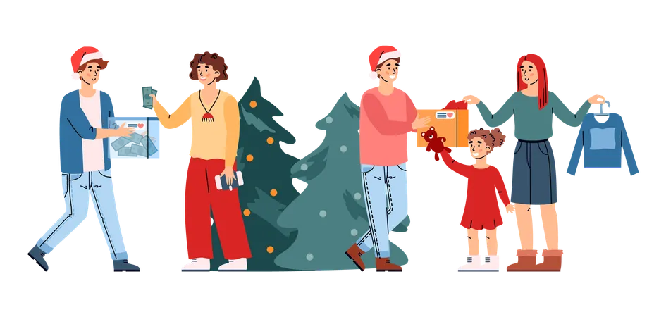 Christmas donation scene with happy people giving holiday gifts  Illustration