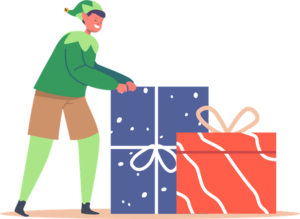 Christmas Elf Boy Push Heap Of Gift Boxes  Illustration