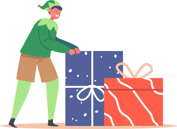 Christmas Elf Boy Push Heap Of Gift Boxes  Illustration