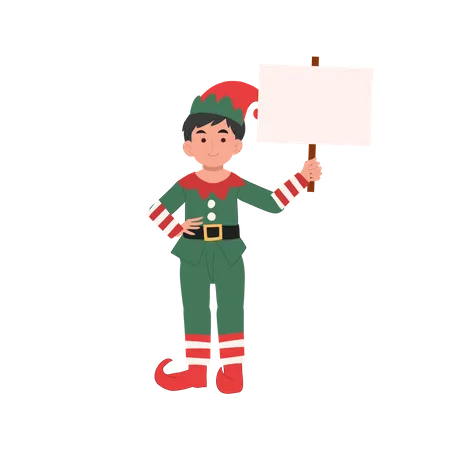Young Christmas Elf Boy With Sign Vector Illustration Illustration