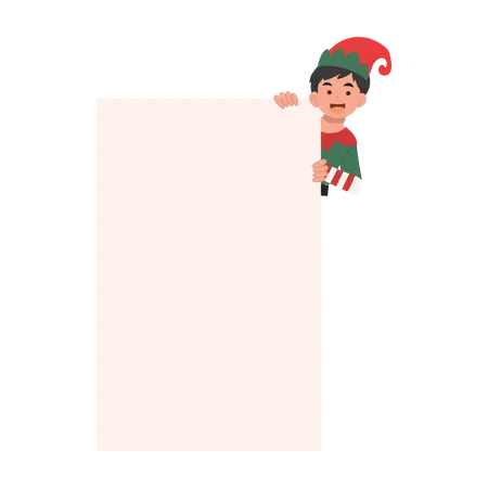 Young Christmas Elf Boy With Sign Vector Illustration Illustration
