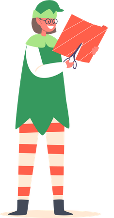 Christmas Elf Cutting Paper For Wrapping Gifts  Illustration