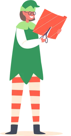 Cute Playful Christmas Elf Cutting Paper For Wrapping Gifts Funny Santa Claus Helper In Green Costume And Striped Stockings Prepare Happy New Year And Merry Xmas Eve Cartoon Vector Illustration イラスト