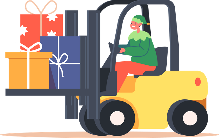 Christmas Elf Driving Forklift with Pile of Gift Boxes  Illustration