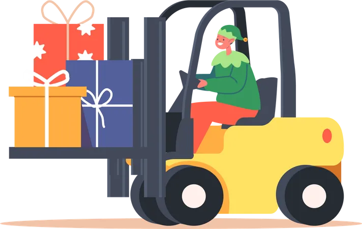 Cute Christmas Elf Driving Forklift With Pile Of Gift Boxes Santa Claus Helper In Green Costume Prepare Presents For New Year And Merry Xmas Isolated On White Background Cartoon Vector Illustration Illustration
