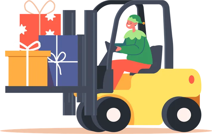 Christmas Elf Driving Forklift with Pile of Gift Boxes  Illustration