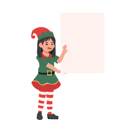 Young Christmas Elf Girl With Sign Vector Illustration Illustration