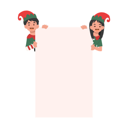 Christmas elf kids with empty signboard Illustration